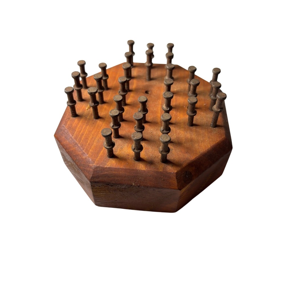 Handmade Wooden Octagon Peg Solitaire Game Rustic Metal Pins Folk Art Vintage